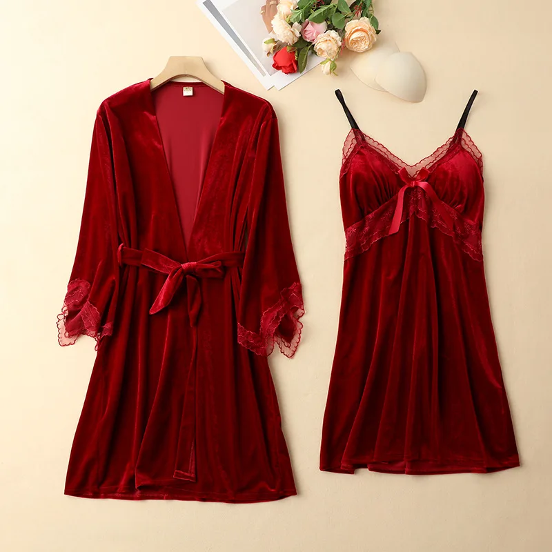 Female Sexy Nighty&Robe Set Lace Edge Backless Spaghetti Strap Nightgowns Autumn Winter Bathrobe Kimono Gown Velvet Sleepwear