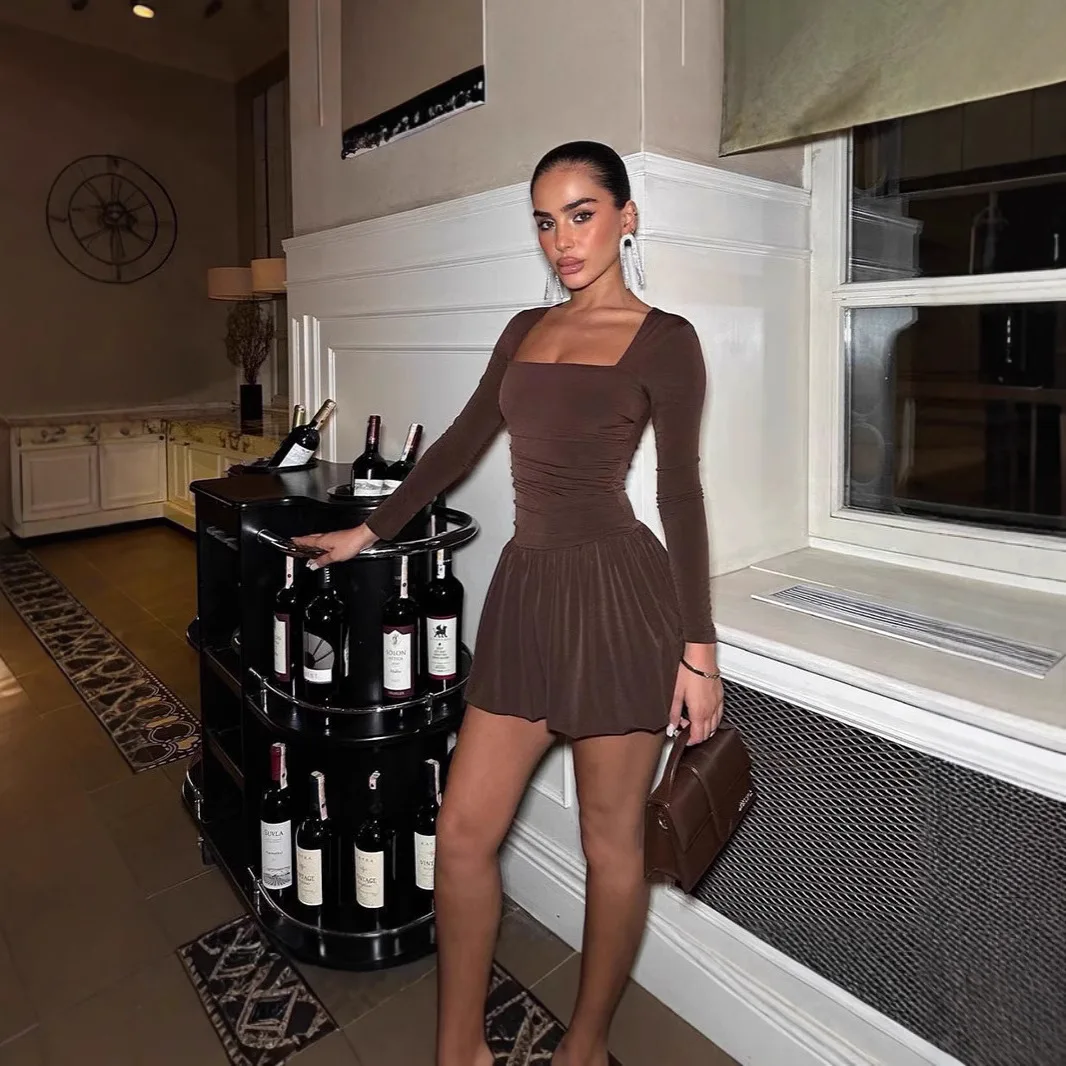 

2025 New Fashion Slim Ruffled Long Sleeve Dress Women Spring Sexy Elegant Retro Solid Color Mini Dresses For Women
