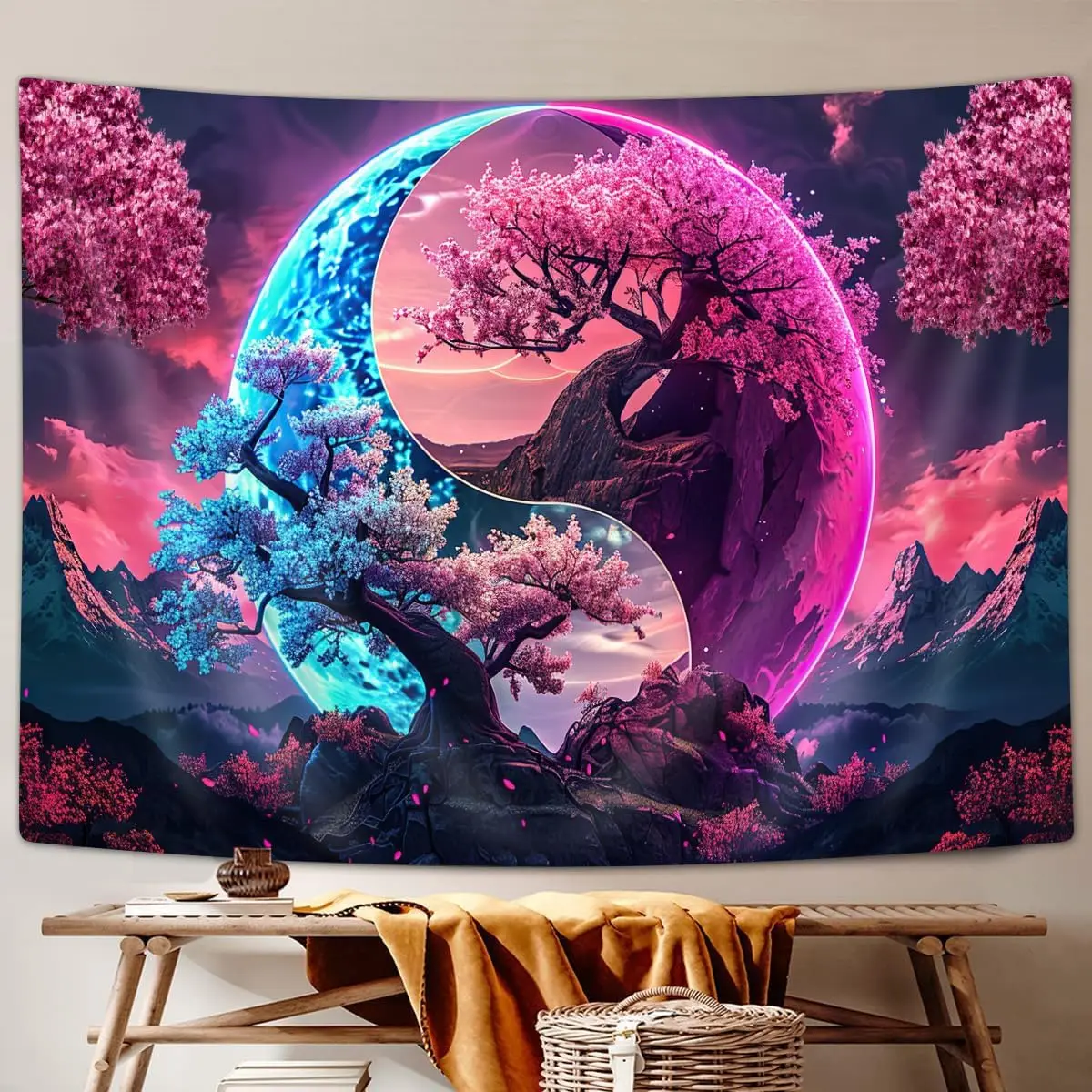 Tree Life Tapestry Aesthetic, Colorful Pink Flowers Sun and Moon Art Tapestry Wall Hanging for Girls Bedroom, Cool Nature Galaxy