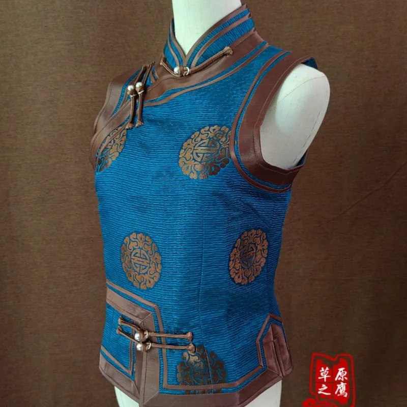 

Peacock Blue Mongolian Vest Men's and Women's Same Ethnic Waistcoat Short Coat Double Rounds Lining Customizable