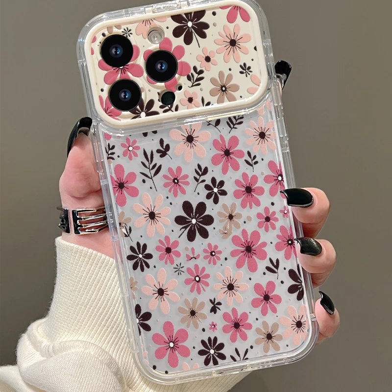 Cottagecore Pastel Pink Brown Ditsy Tiny Floral Flip Makeup Mirror Camera Phone Case for iPhone 16 15 14 13 Pro Max