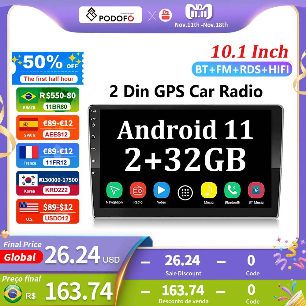 Podofo 2din Car Android Radio Carplay Multimedia Player 7/9/10