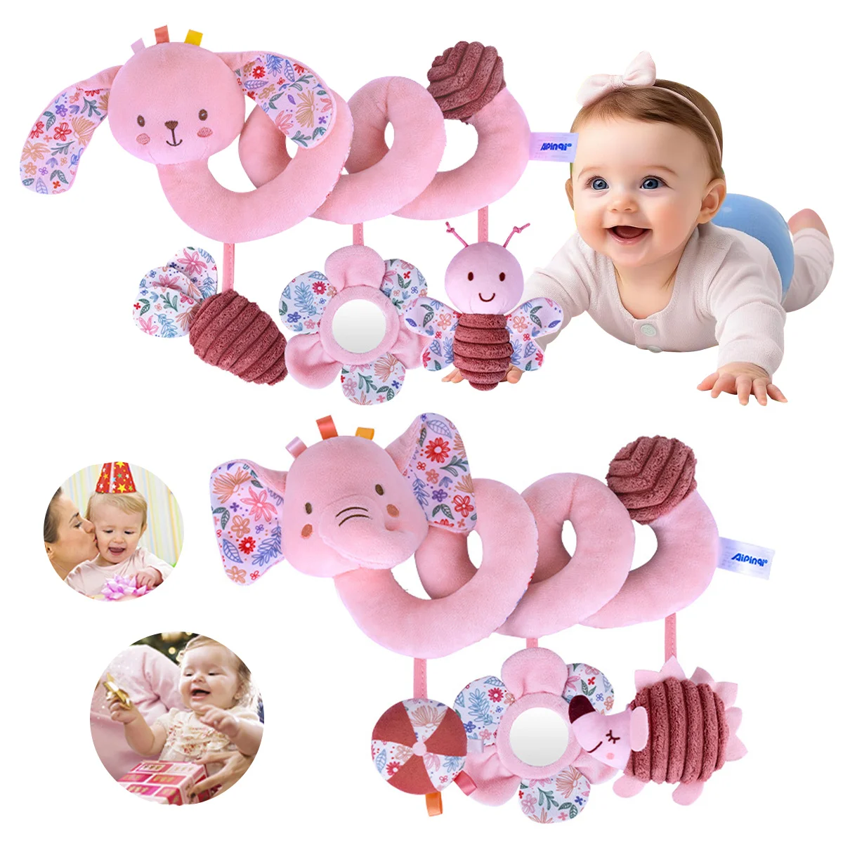 Zabawki sensoryczne do fotelika samochodowego dla niemowląt, wiszące akcesoria do wózka z lusterkiem, piszczelkiem i grzechotkami, idealne prezenty na Boże Narodzenie.