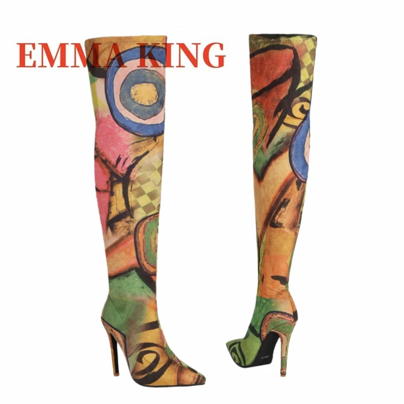 Women's Art Print Thigh High Boots Pointed Toe Stiletto Heel Over The Knee Boots Stretch Fabric Thin Heeled Boots for Party view 6