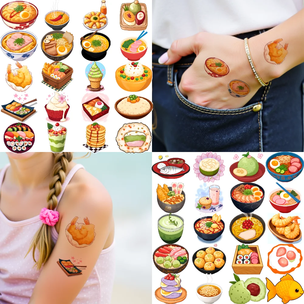 

63pcs Temporary Tattoo Japanese Cuisine Waterproof Long-lasting Body Stickers Food Stickers Temporary Tattoo Stickers For Arms