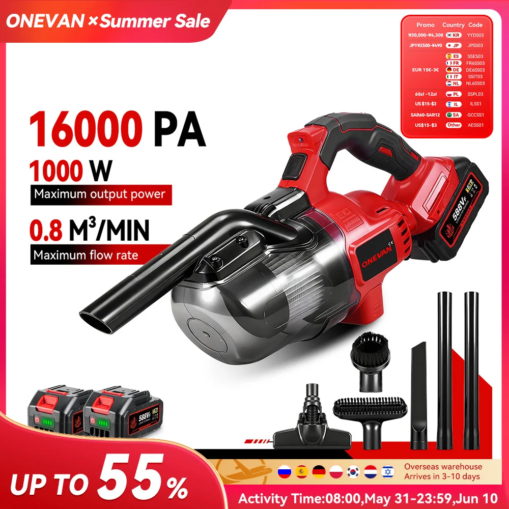 Aspirateur électrique ONEVAN 16KPA 6 en 1 sans fil, aspirateur à main pour la maison, outil de nettoyage des poils d'animaux, compatible avec la batterie Makita 18V