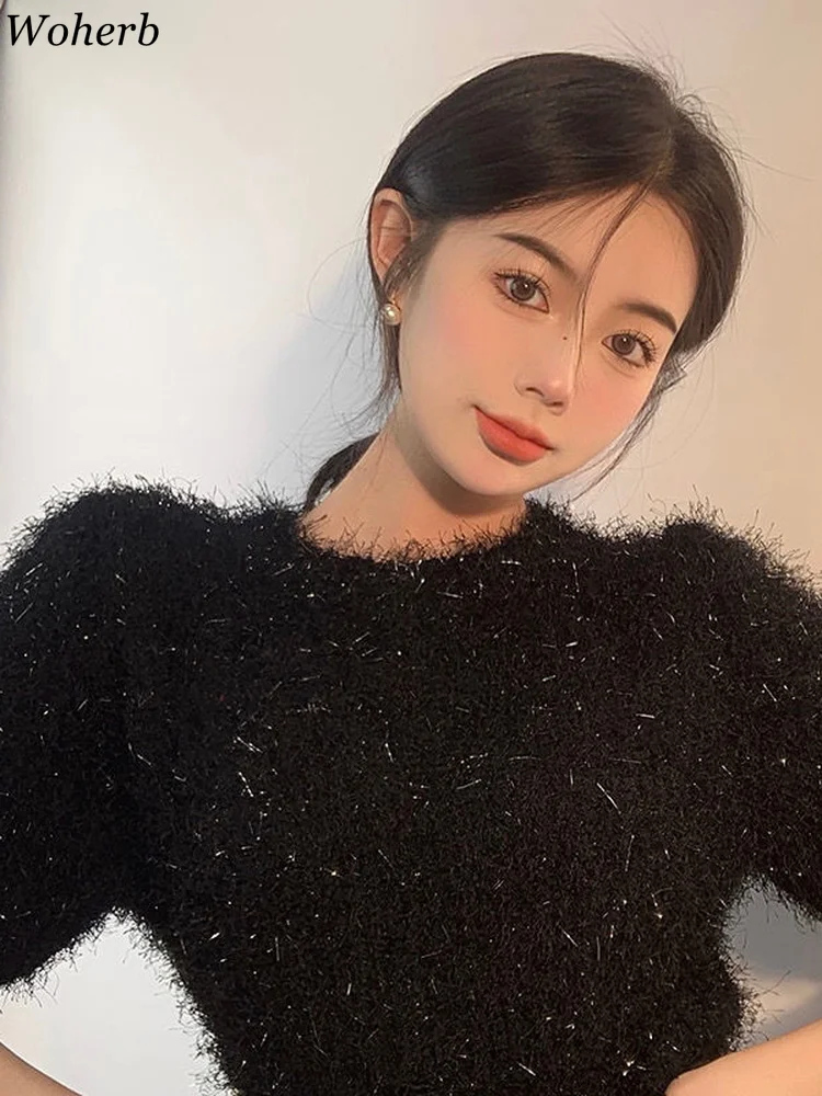 Woherb Summer Thin Knitted Short Sleeve Basic Sweater Women 202 Korean Fashion Caaual Tassel Knitwear Chic Sueter Mujer