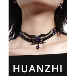 HUANZHI Dark Punk Style Black Rhombus Purple Zirconia Beaded Unisex Necklace Personalized Cool Choker Jewelry for Women Men New