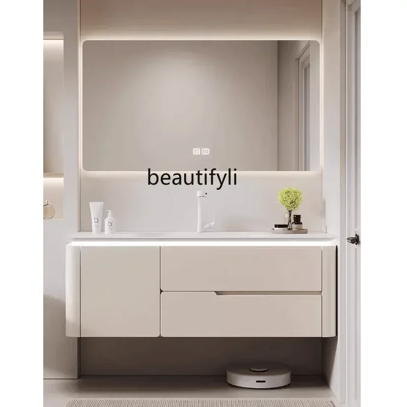 

YH Cream Oak Bathroom Cabinet Ceramic Basin Washstand Wash Basin Washbasin Cabinet Combination