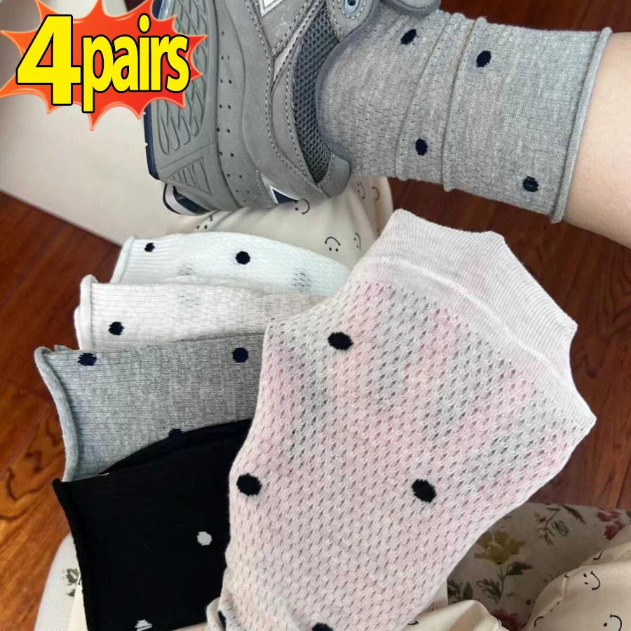 

1/4pairs Spring Summer Thin Female Print Cotton Socks Dot Socks for Girls Women Fashion Cute Kawaii Black White Ruffle Sox Gift