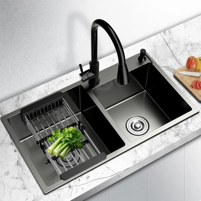 31 x 18 Black Double Bowl Kitchen Sink, Drop-in/Topmount Overmount Kitchen Sinks Basin with 304 Nano-Coated and Accessories