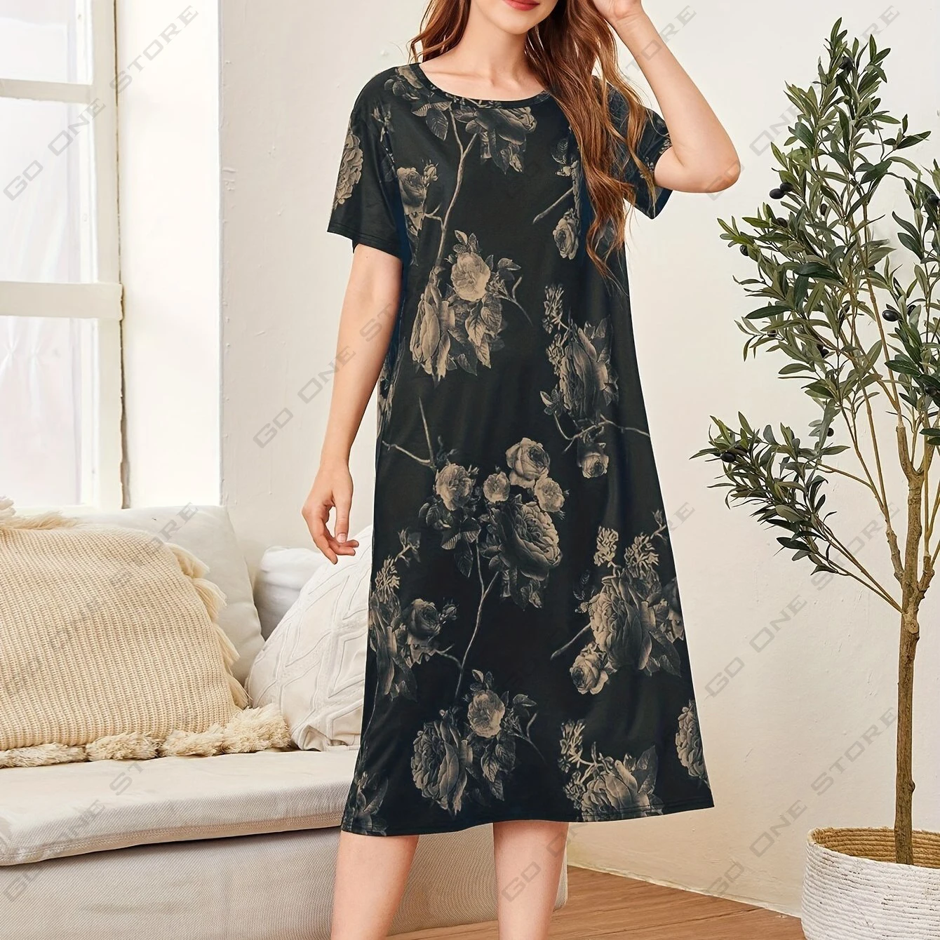 Summer Plus Size S~5XL Floral Dresses Women\'s Home Nightgowns Micro Stretch Girls\' Knee Dresses Outdoor Short Sleeve Dresses