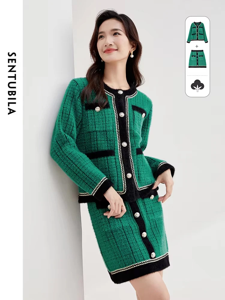 

SENTUBILA Spring Fashion Tweed Sets O-neck Long Sleeve Jacket A-line Mini Skirt 2024 Elegant Contrast Matching Set W33Z52045