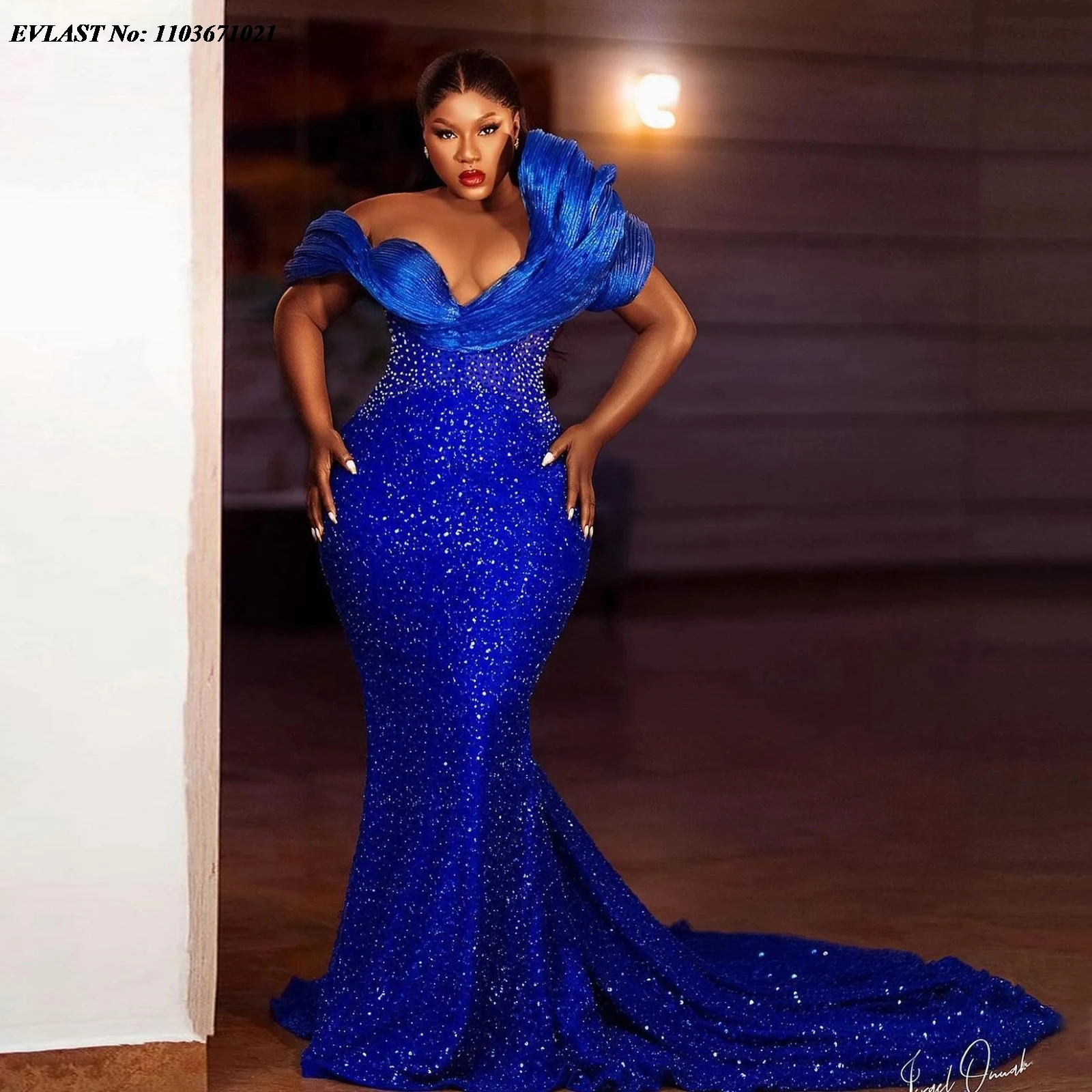 

EVLAST Sparkly Royal Blue African Mermaid Prom Dress Sequins Beaded 3D Aso Ebi Wedding Guest Gown Black Women Party Dress P119