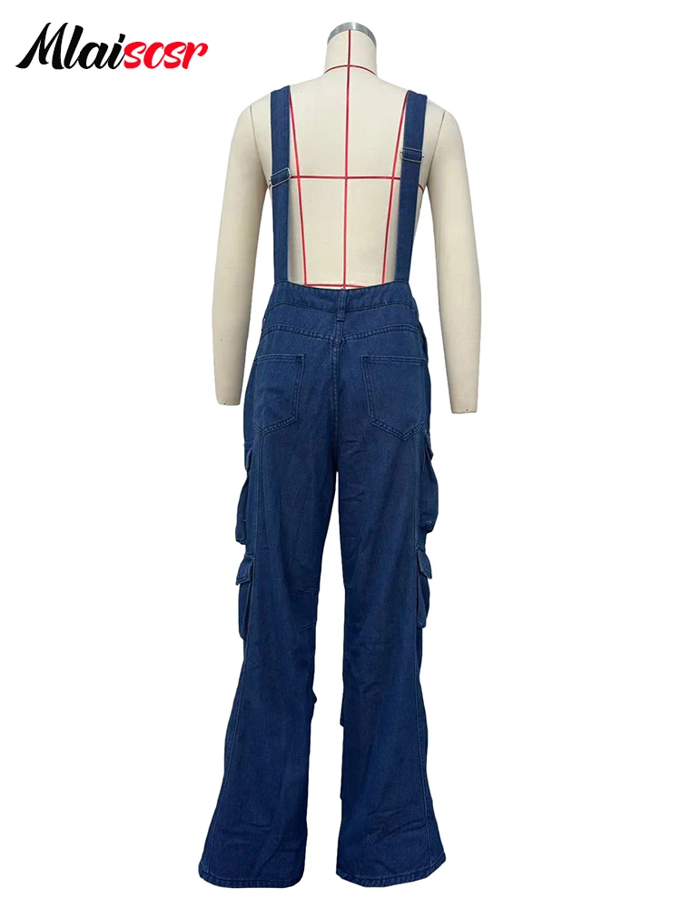 Mlaiscsr Blue Denim Jumpsuits Women Suspenders Straight Long Jeans Pants Loose Sling One Pieces Pockets Streetwear Overalls y2k