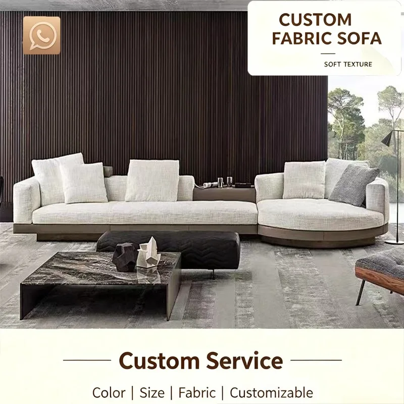 Modern Italian Curved Modular Sofa Set, 7‑Seater Fabric Lounge Couch with Round Chaise for Villa Apartment Living Room