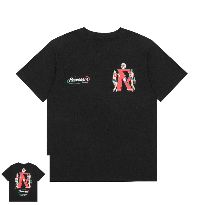 

Summer American Trendy Brand New Gas Station Girl Printed Short-sleeved Cotton Round Neck Loose Men's and Women's T-shirt