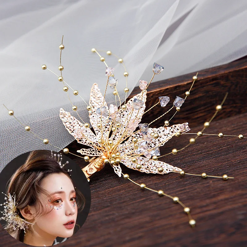 handmade Retro Crystal White red Maple leaf hair Clip Spring Top Fashion Clip Hair Accessory for Women girls bridal hair clips