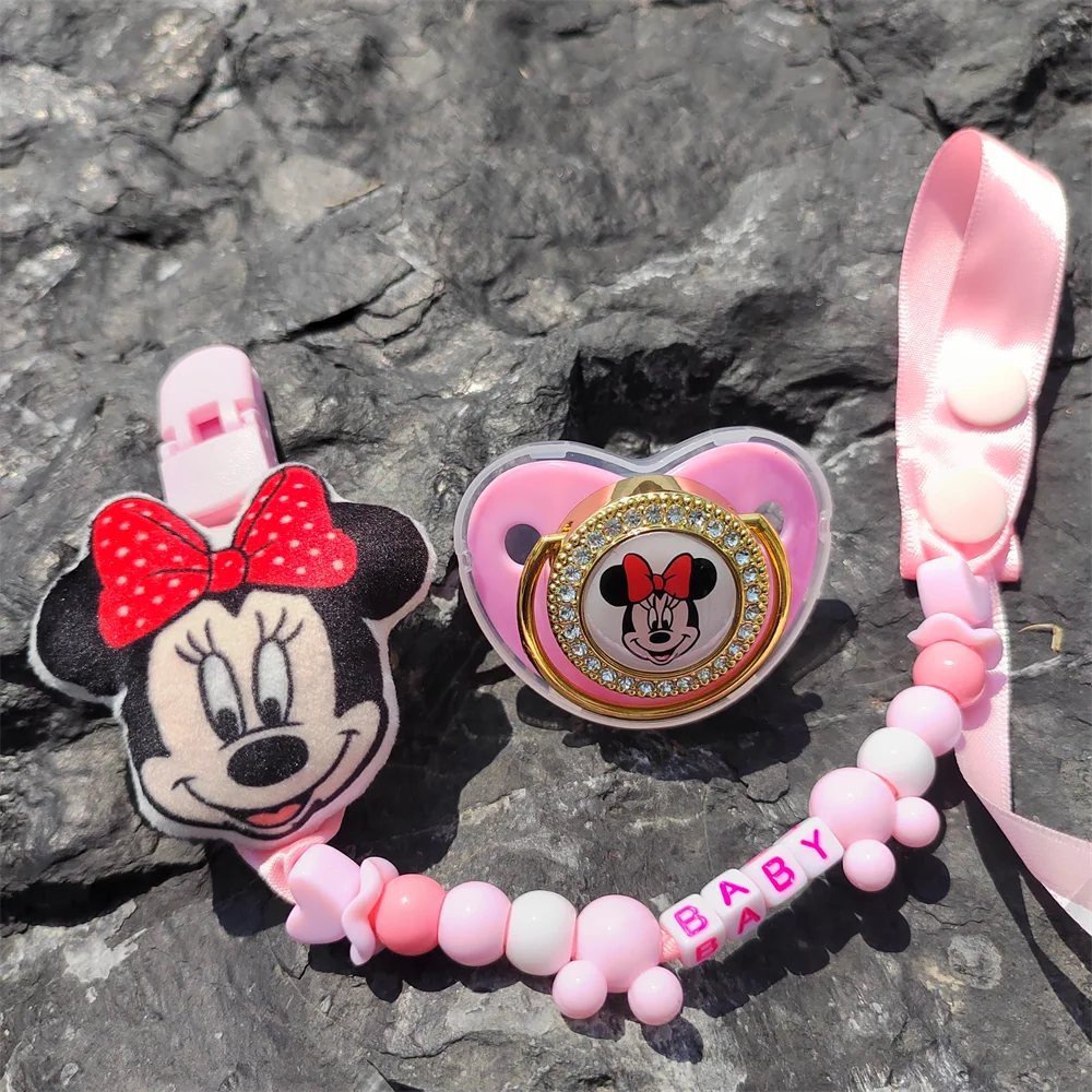 2023 Hot Pink Minnie Mouse Plush Pacifier Toddler Girl Babi Animal Cartoon Cute Beaded Pacifier Clip with Personalized Name Gift