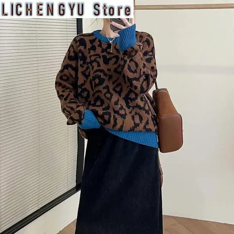 New Autumn/Winter Fashion Lazy Design Sense Leopard Pattern Spliced Round Neck Loose Versatile Western Women's Knitted Sweater