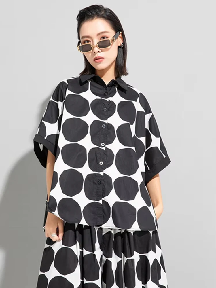 

Women Black Dot Printed Big Size Blouse New Lapel Three-quarter Sleeve Loose Fit Shirt Fashion Spring Summer 2024 1DE6982