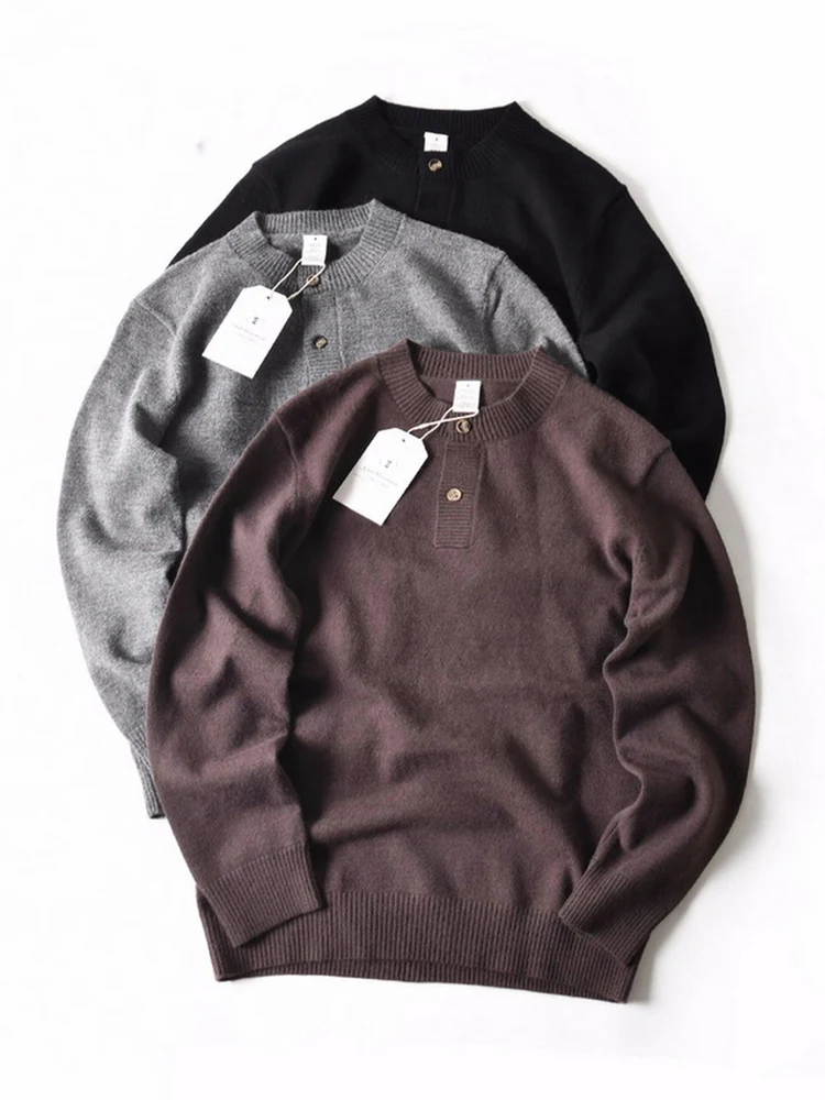 

Теплый повседневный свободный мужской вязаный свитер с воротником хенли, круглым вырезом, из мягкой смеси полиэстера и нейлона, с длинными рукавами, для повседневной носки