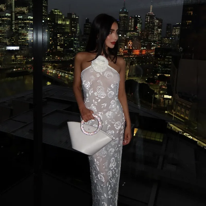 Sexy feminino ver através 3d floral bodycon vestido de noite elegante halter fora do ombro sheer espartilho magro festa sereia vestido convidado