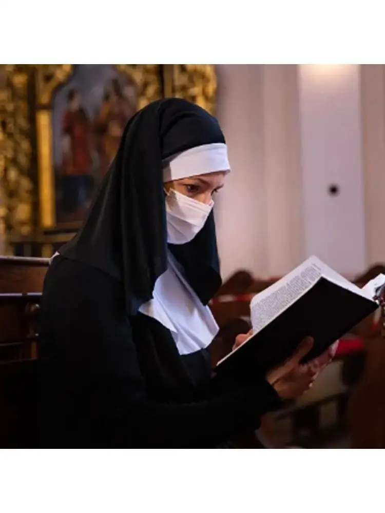 39BD Halloween Nun Costume Set Include Nun Headpiece Stocking Crossed Pendant Necklace and Collar for Women Cosplay