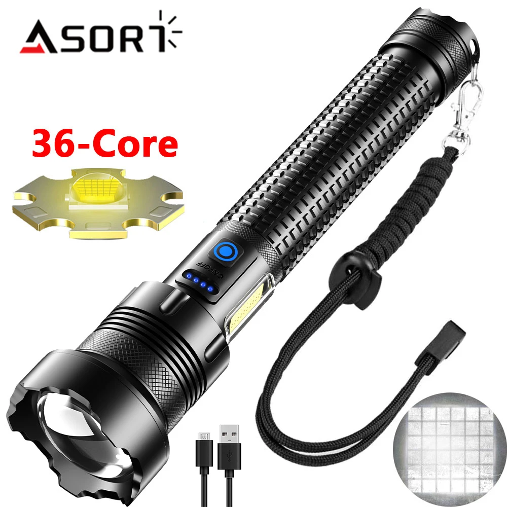 High Power LED Flashlight Cob Side Light Lamp USB Rechargeable XHP360 Torch Super Bright Lantern Camping Fishing Waterproof