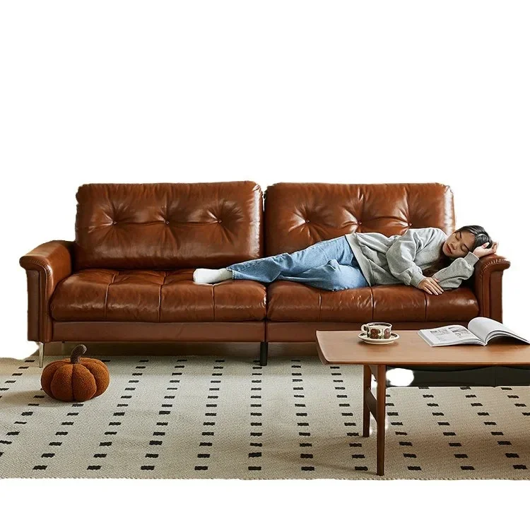 

Nordic Italian light luxury medieval French lattice, designer living room straight retro oil wax leather, cowhide nebula sofa