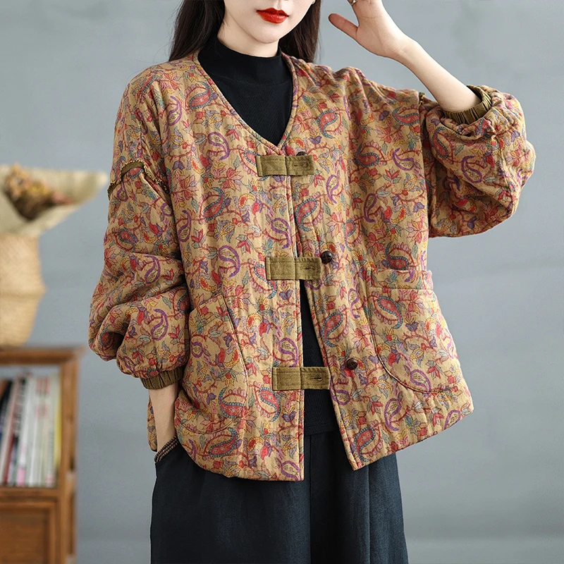 

Thiened Cotton Jaet Women's Winter New Sle Retro V-ne Floral Print Colion Color Cotton Coat Lantern Sve Long Sl...