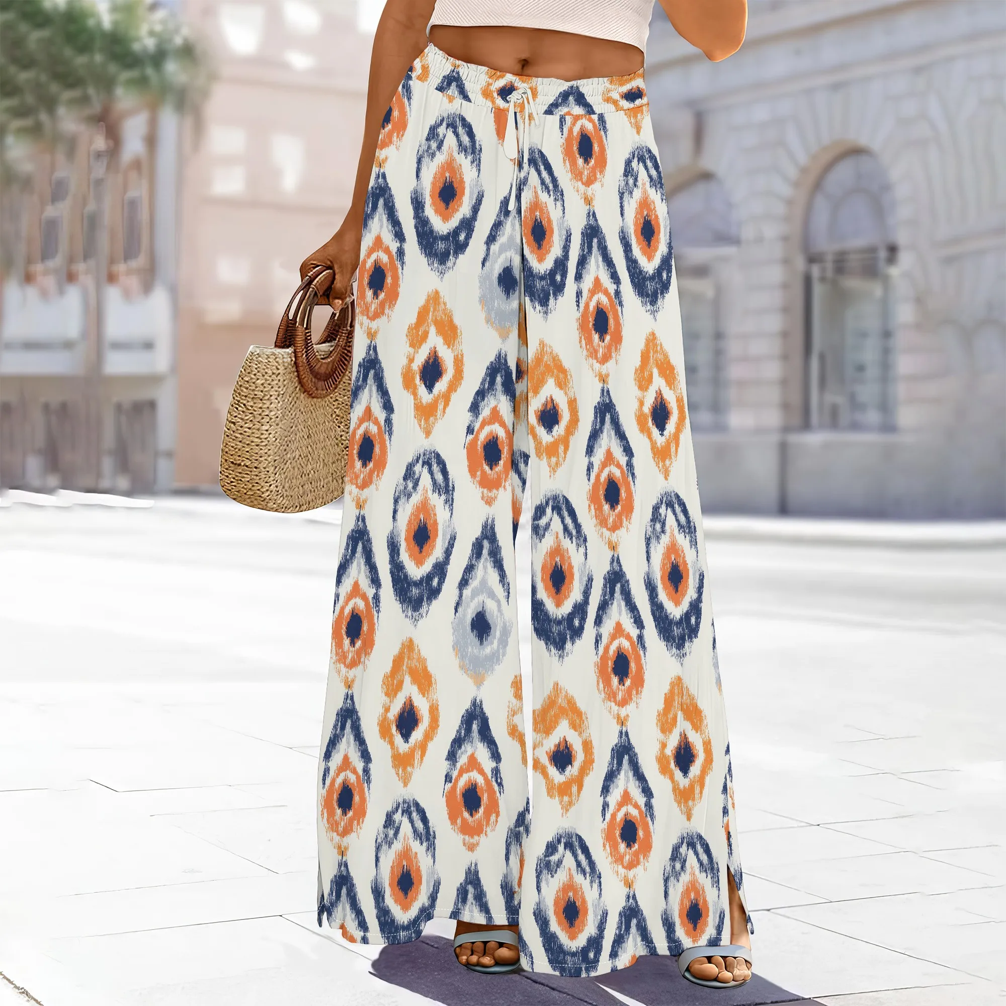 

Women's High-Waisted Peach Floral Wide-Leg Pants Adjustable Elastic Waist Pockets Back Slit Polyester Summer Sweet
