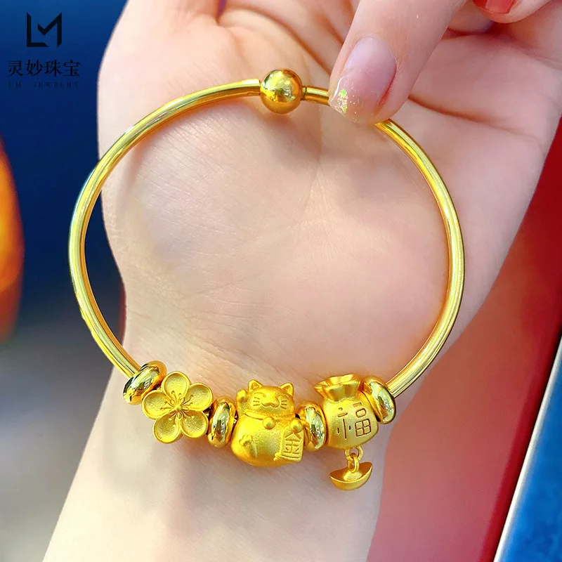 

9999 24K real gold luxury jewelry glossy bracelet women's lucky cat peach blossom lucky bag DIY jewelry accessories