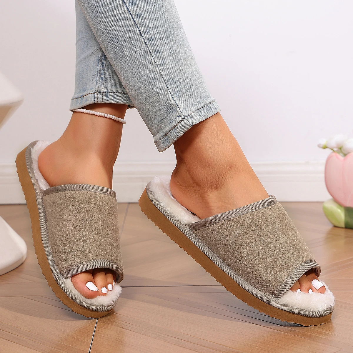Women Open‑Toe One‑Strap Fuzzy Slide Slippers Plush Lining Soft Non‑Slip Sole Warm Winter Indoor Outdoor Casual Home Footwear view 5