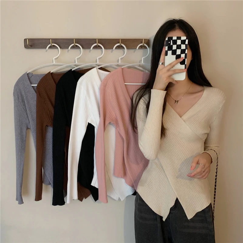 

Ribbed Knit Surplice Sweater for Women Pullovers Long Sleeve Plain Jumper Teen-girl Fall Winter Balletcore Chic Outfit
