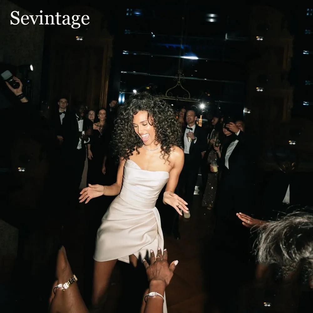 Sevintage Ivory Satin Mini Wedding Dresses Sleeveless Pleated Short Bridal Gowns Sweetheart Simple After Party Dresses Customize