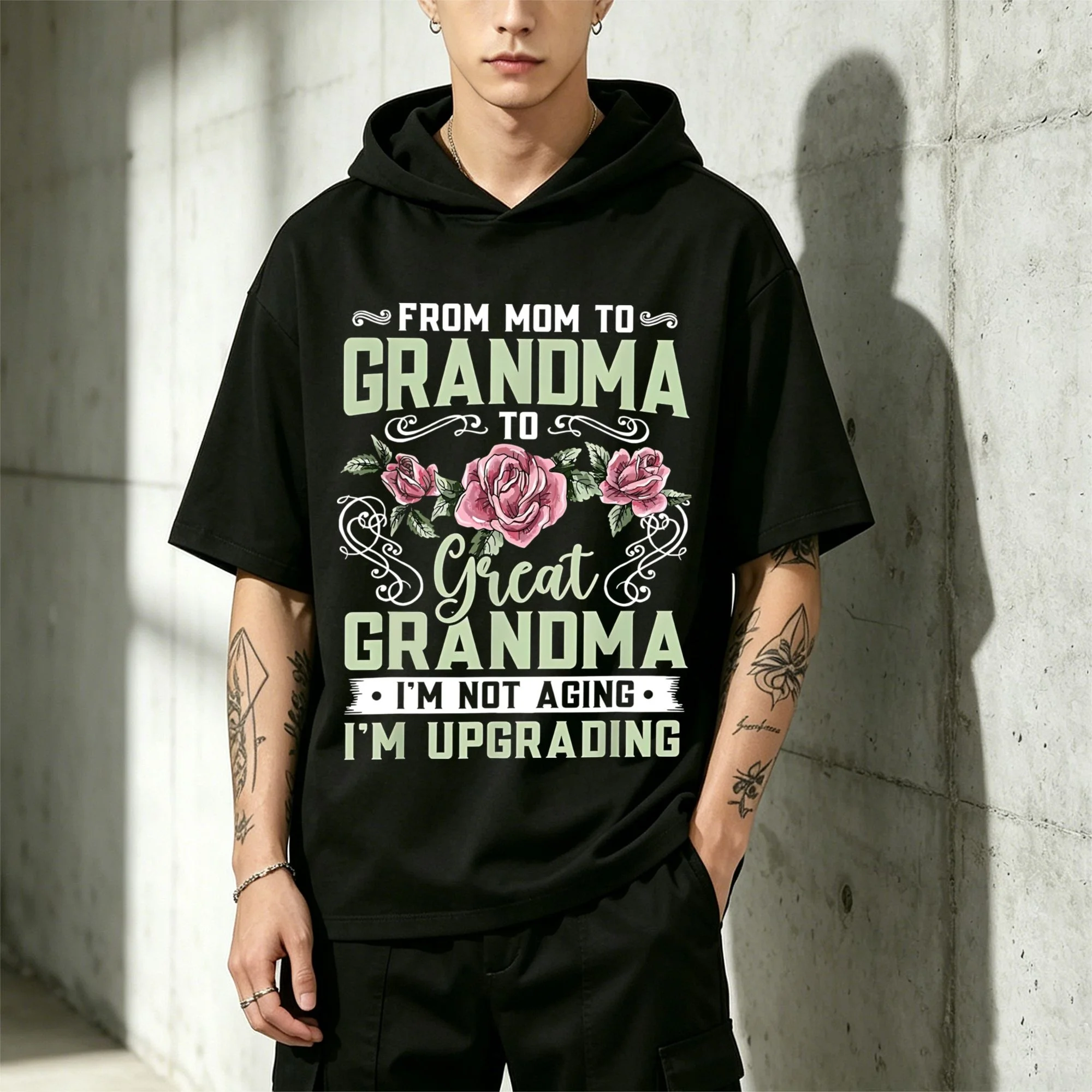 Black Crew Neck Short Sleeve Short-sleeve hoodie T-Shirt Top With Humorous Grandma Slogan And Floral Design, A Gift Idea For Mother's Day and for everyday wear Unisex