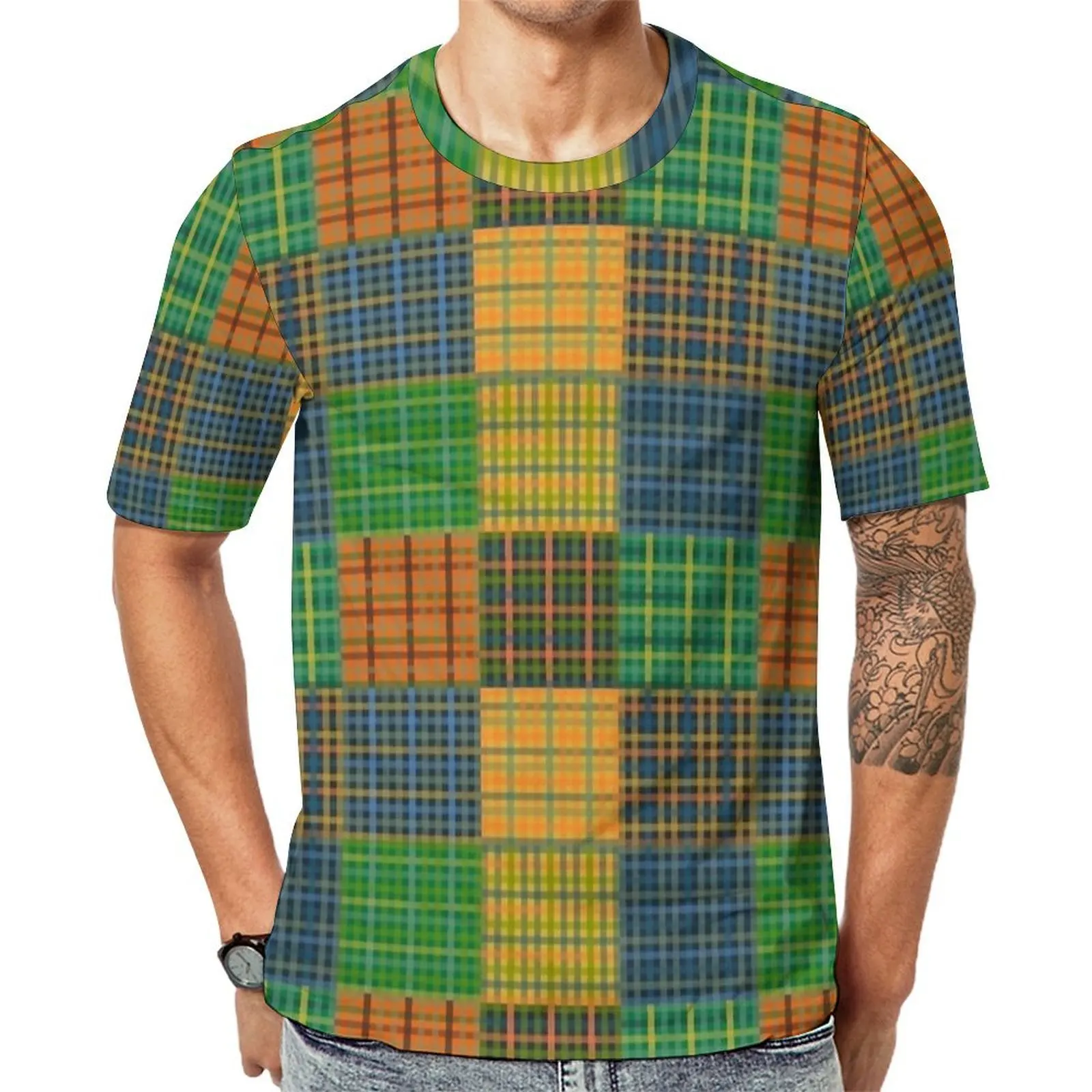 Gingham Patchwork Checkered Plaid T Shirt For Male  Design O Neck T-Shirts Premium Cool Tops Short Sleeve Casual Oversized Tees