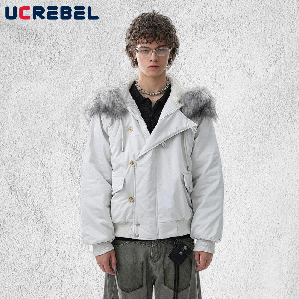 

Pocket Hooded Padded Jacket Mens Button Decoration Winter High Street Loose Long Sleeve Thick Quilted Jacket Man Outerwear