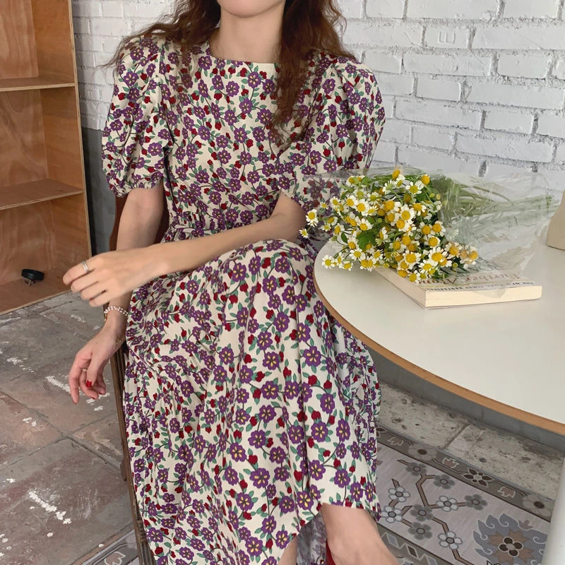 Maternity Dresses Retro Square Neck Floral Pleated A Line Short Sleeve Ruffle Hem Loose Waist Flower Dress For Pregnancy Women