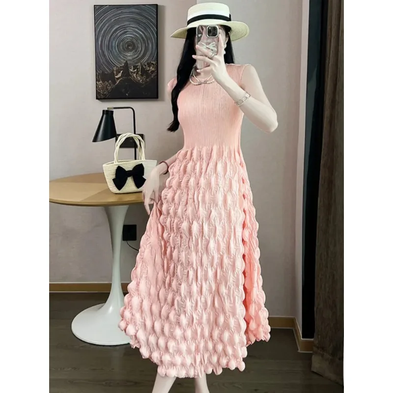 SMVP 여성용 라운드 넥 민소매 버블 플리츠 드레스, 루즈한 대형 디자인, 우아한 단색 파티 원피스, 2025 여름 신상