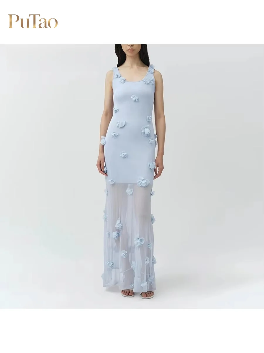 PuTao Sleeveless Maxi Dress Scoop Neck 3D Floral Applique Sheer Mesh Mermaid Long Dress Elegant Wedding Guest Beach Party Dress