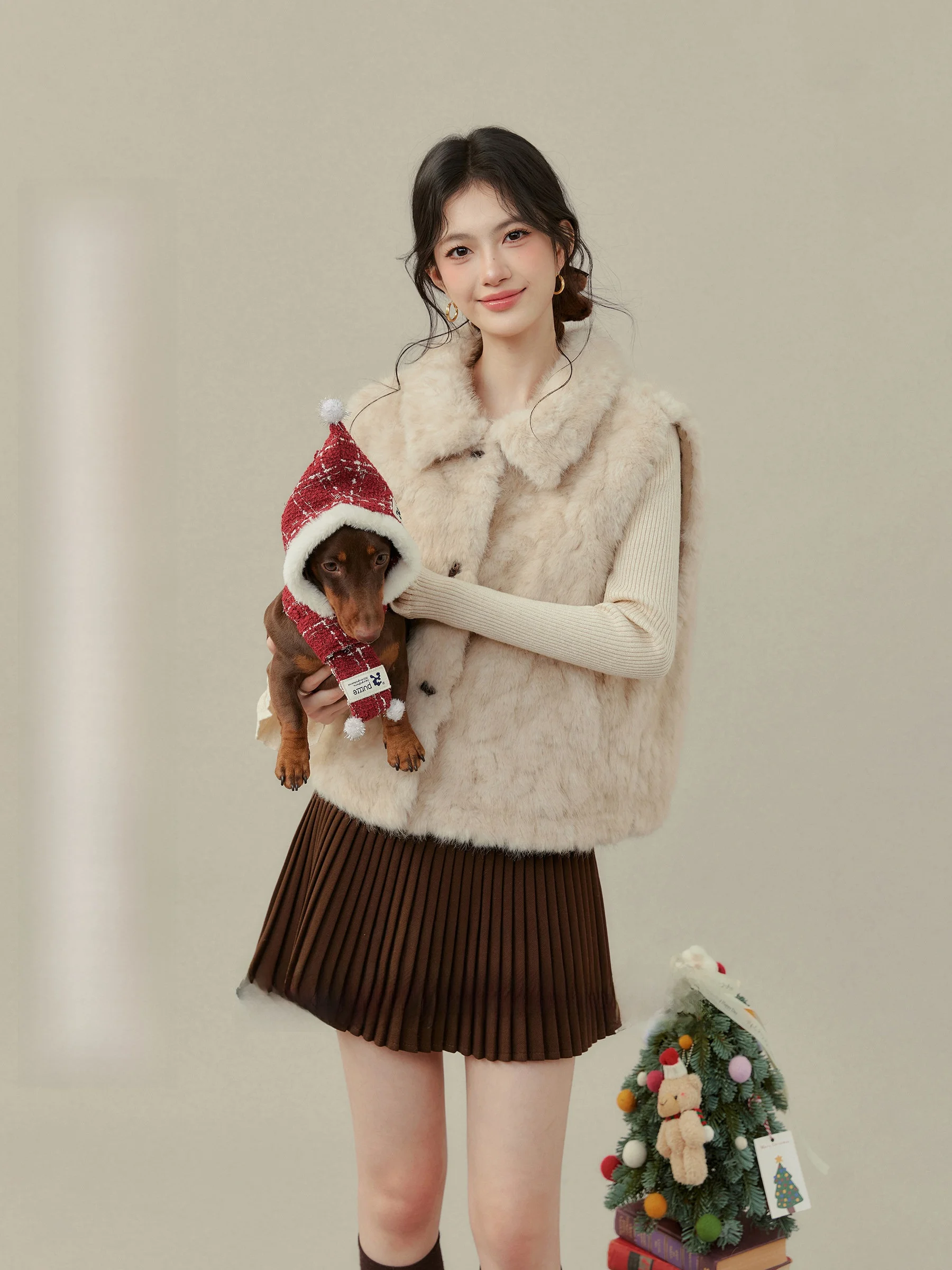 

Puff Vest plus Size Faux Fur Wide Collar Sweater Light Beige Fluffy Outerwear Commute Sle Single Button ort Length