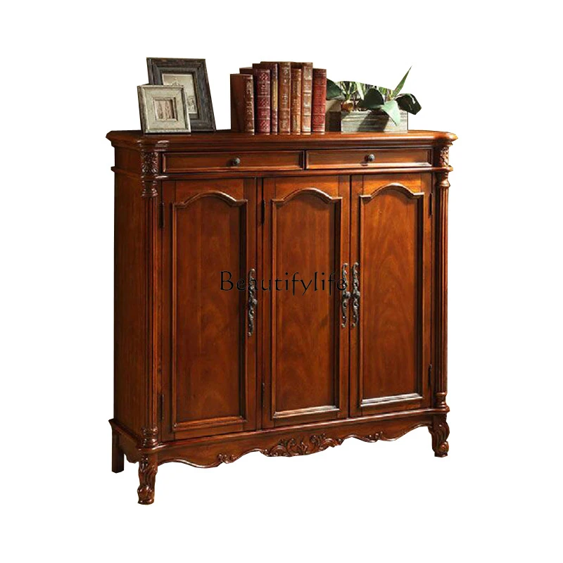 

3-Door Shoe Cabinet 1.2m American Style Entryway Cabinet Solid Wood Home Doorway European Style Carved