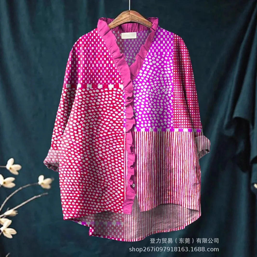 Femmes chemises décontracté surchemise géométrique hauts à manches longues Blouses chemise régulière haut bureau dame basique élégant 2025 printemps automne