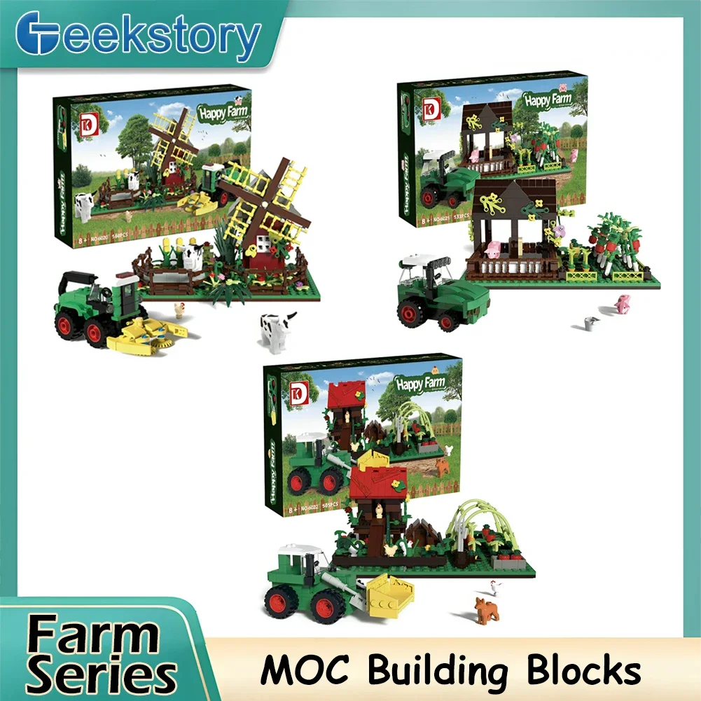 

Happy Farm Series Model Windmill House Chicken Coop Pig Sty Vegetable Farm Animals Tractor Building Blocks Toys Creative Gifts
