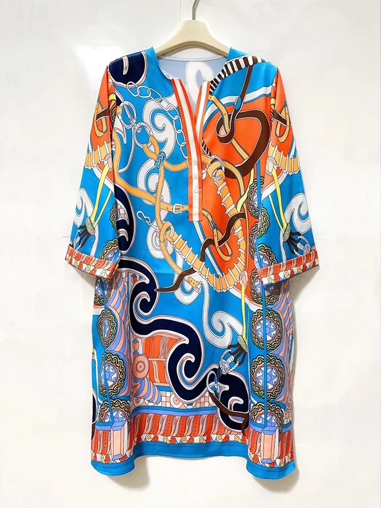 レトロ幾何学模様プリントVネックプルオーバー ストレートワンピース 2025夏 レディース Tシャツワンピース、おしゃれなゆったりストレートワンピース