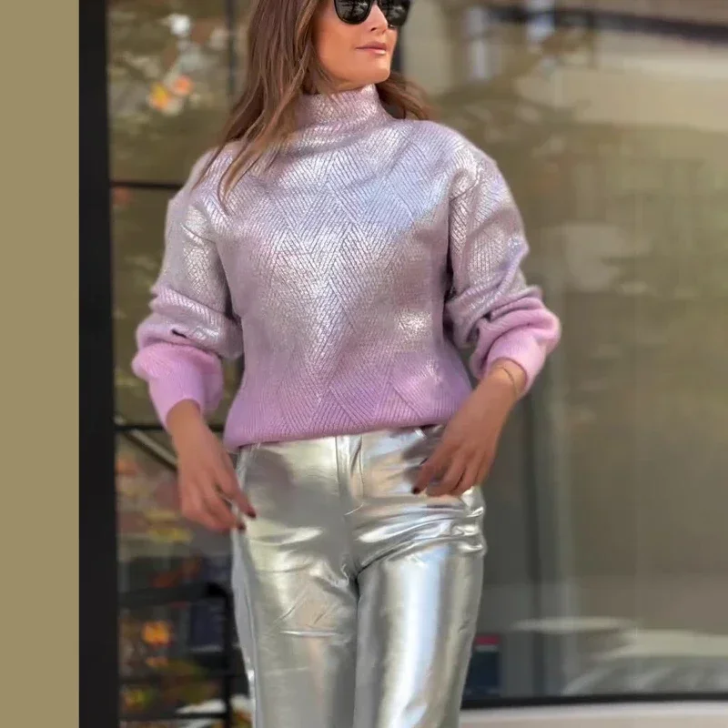 Women's Sweater Sparkling Metal Gradient Knittsd High Collar Long Sleeves Pullover Yops Fashion Female Elegaht Warm Streetwear