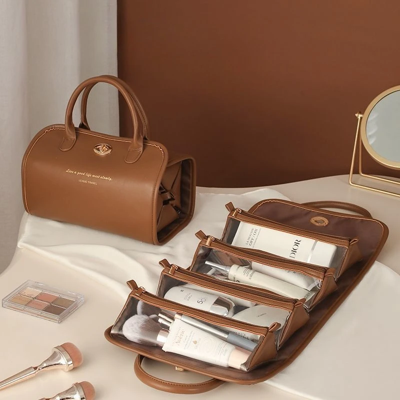 Makeup Bag Brown PU Roll Up Makeup Bag Multi Compartment Clear Makeup Bag Women Travel Handheld Cosmetic Storage Bag