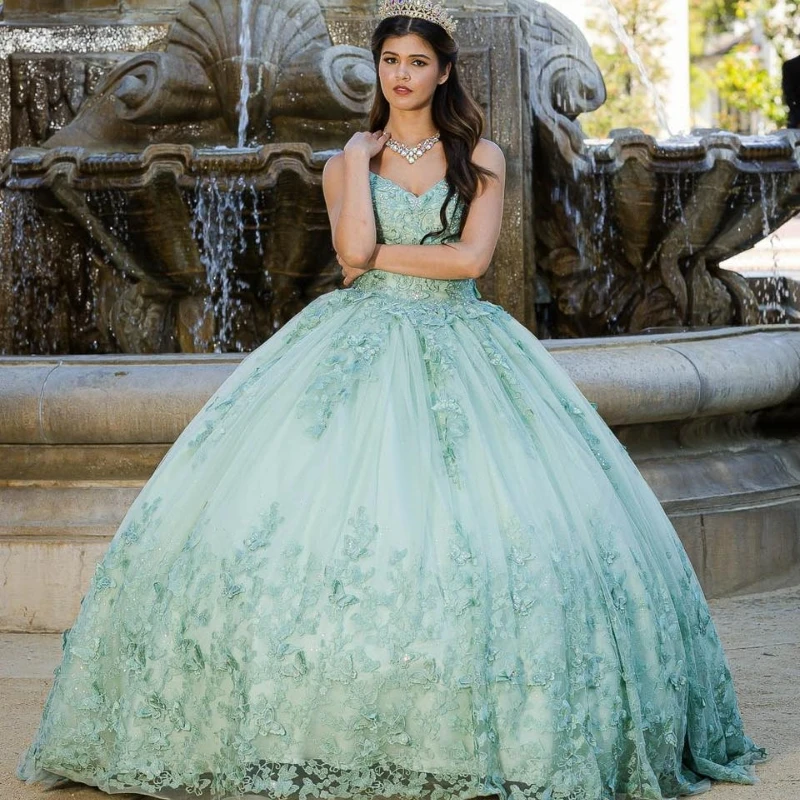 Vestido De quinceañera De menta personalizado, vestido De baile, capa, apliques De mariposa, Beadig, dulce 16, Vestidos De 15 Años YQD410